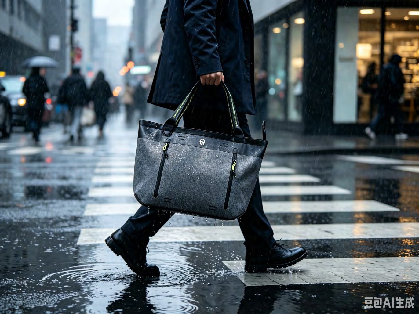 Commuter crossing a rainy street at 8:15